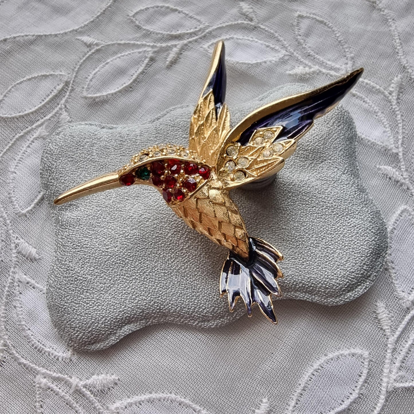 Brooch - Blue Enamel and Red and Green Crystals Hummingbird Brooch