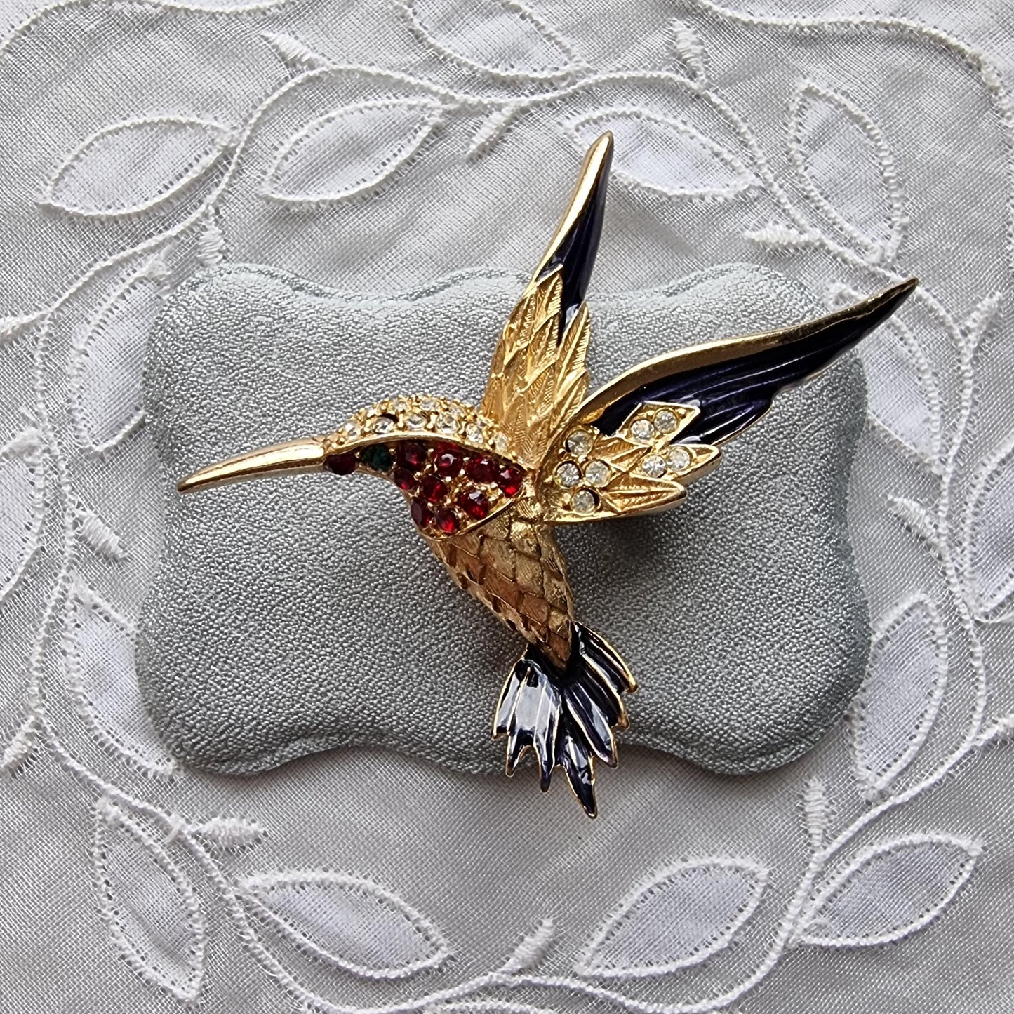 Brooch - Blue Enamel and Red and Green Crystals Hummingbird Brooch