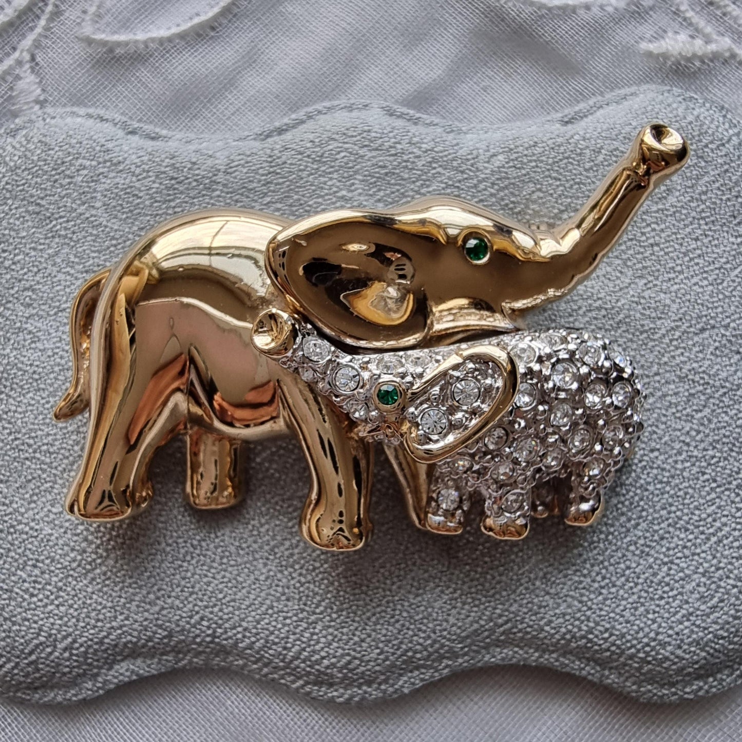 Brooch - Gold and Clear Crystals Elephants Brooch