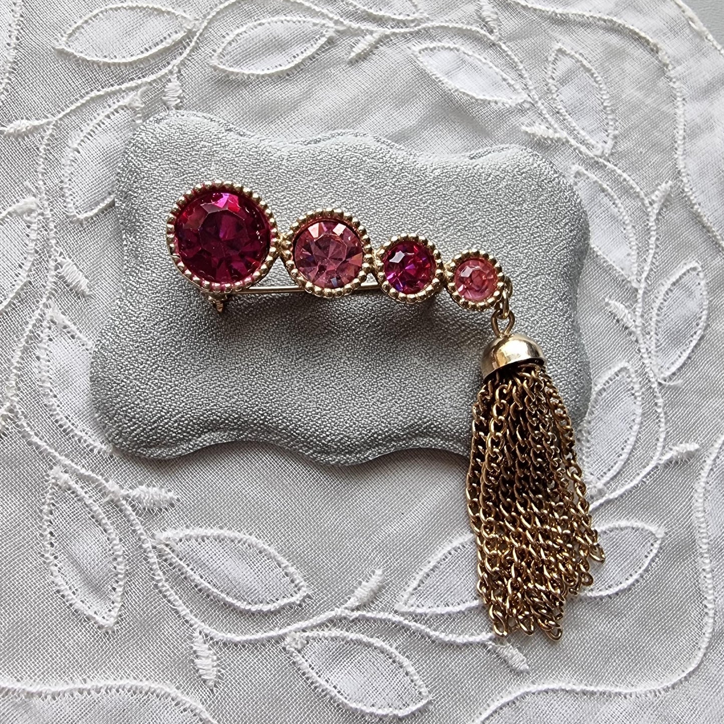 Brooch - Sarah Coventry Pink Crystals and Tassel Brooch