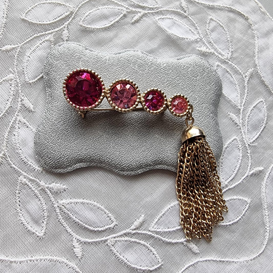Brooch - Sarah Coventry Pink Crystals and Tassel Brooch