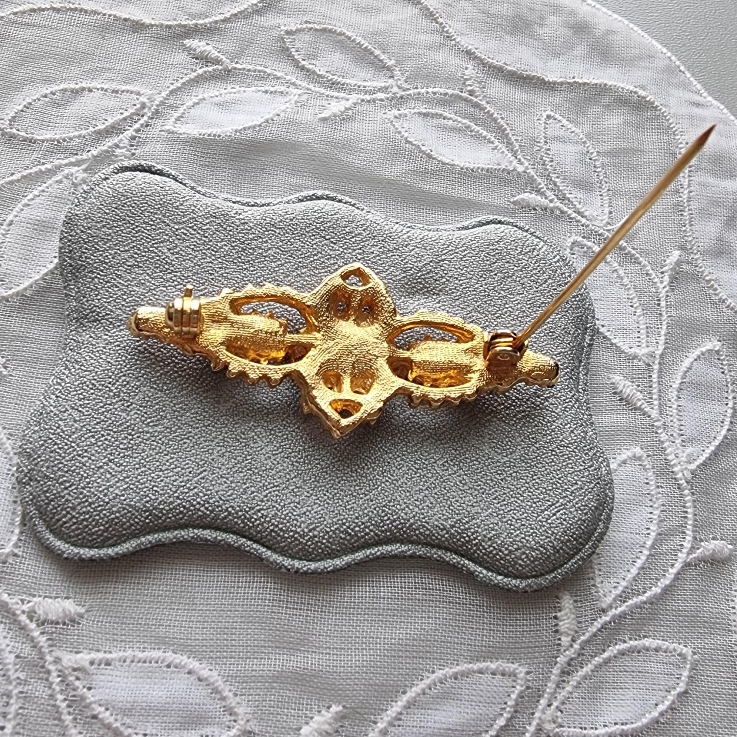 Brooch - Black Crystals and Seed Pearls Bar Brooch