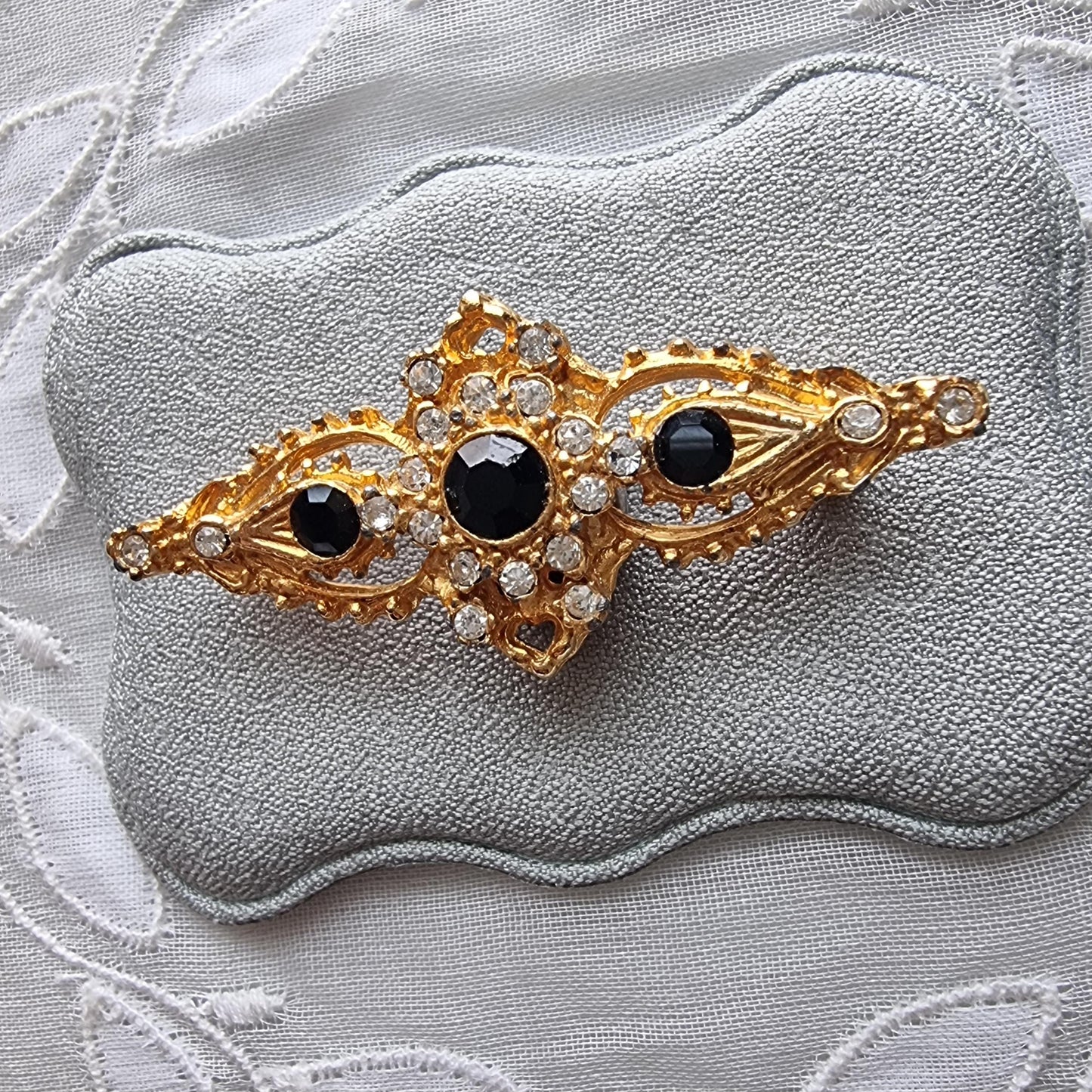 Brooch - Black Crystals and Seed Pearls Bar Brooch