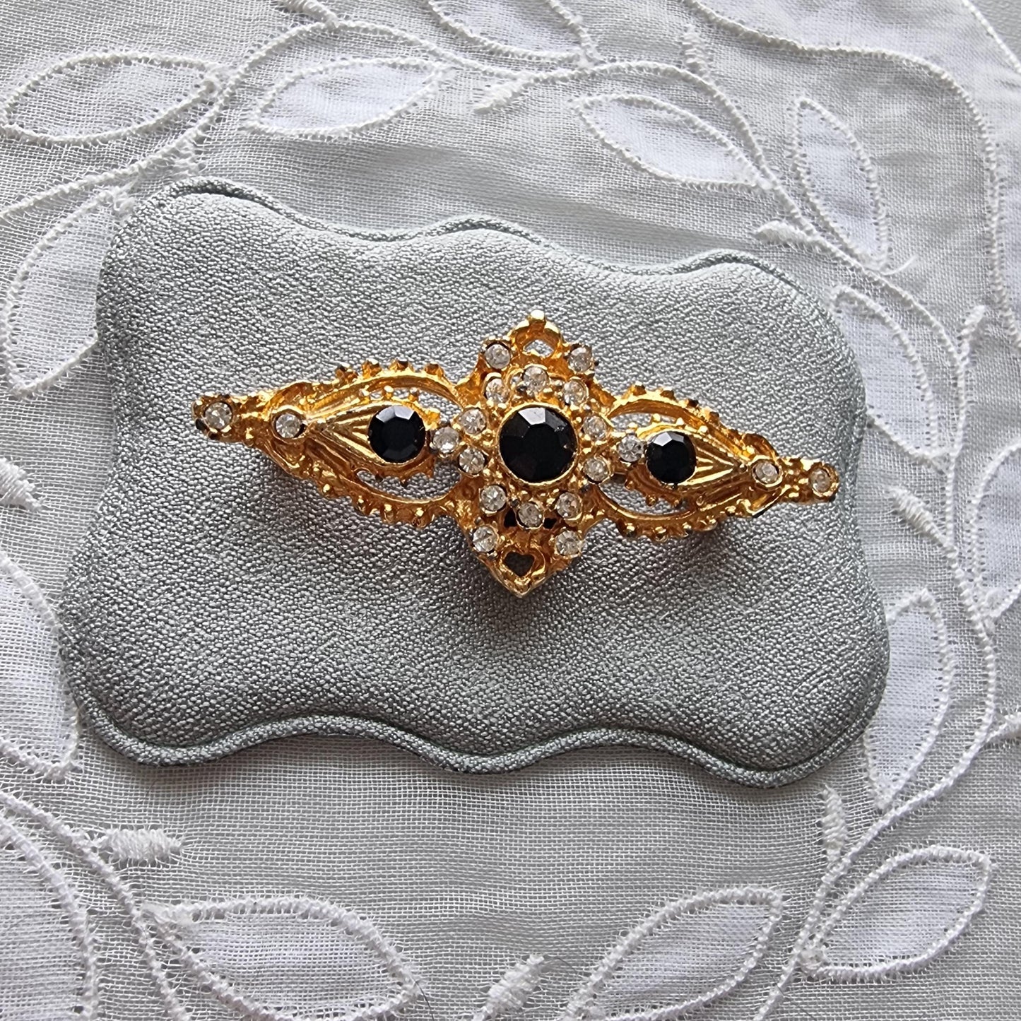 Brooch - Black Crystals and Seed Pearls Bar Brooch