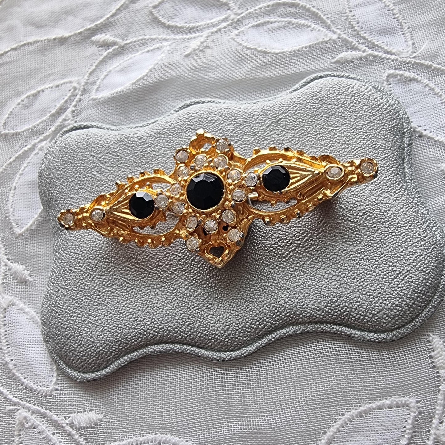 Brooch - Black Crystals and Seed Pearls Bar Brooch