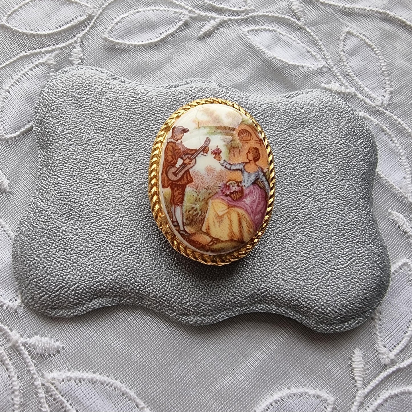 Brooch - Oval Painted Porcelain Brooch