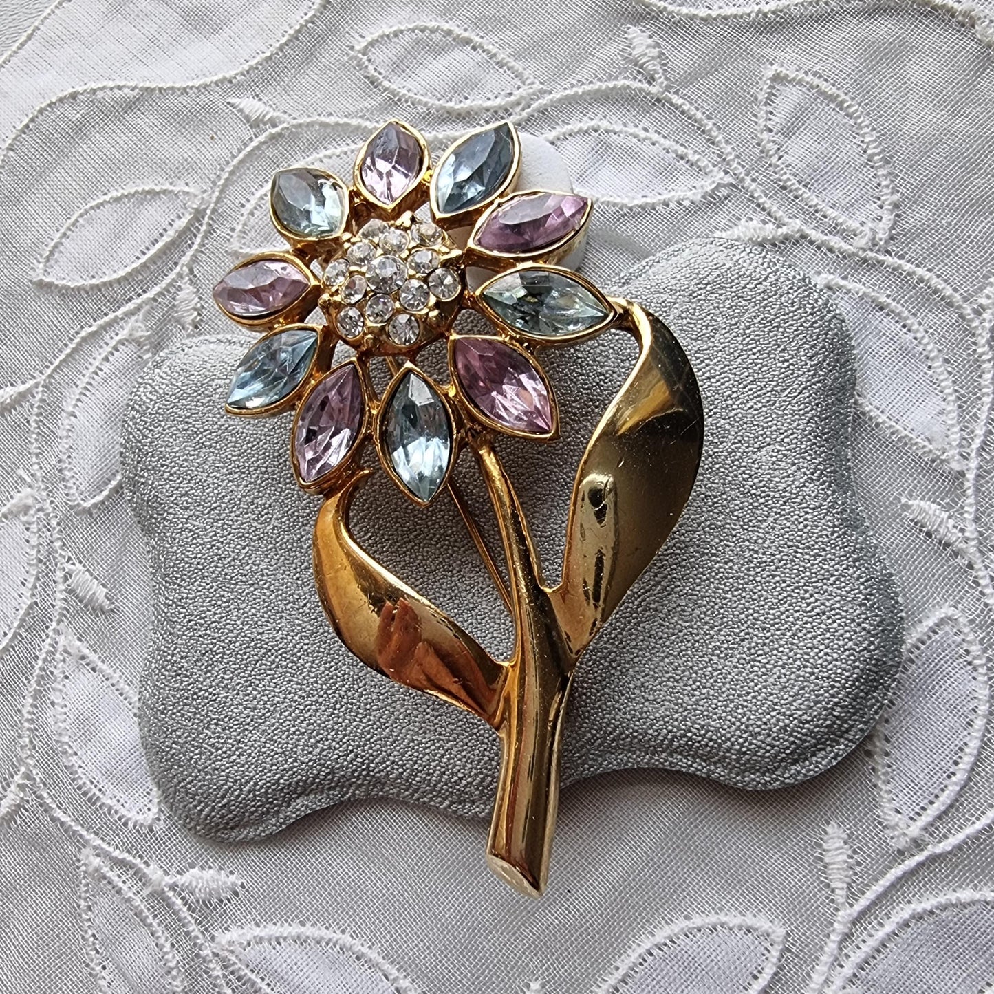 Brooch - Light Blue and Violet Crystals Flower Stem Brooch