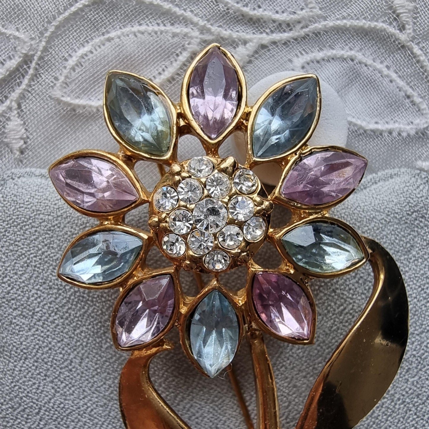 Brooch - Light Blue and Violet Crystals Flower Stem Brooch