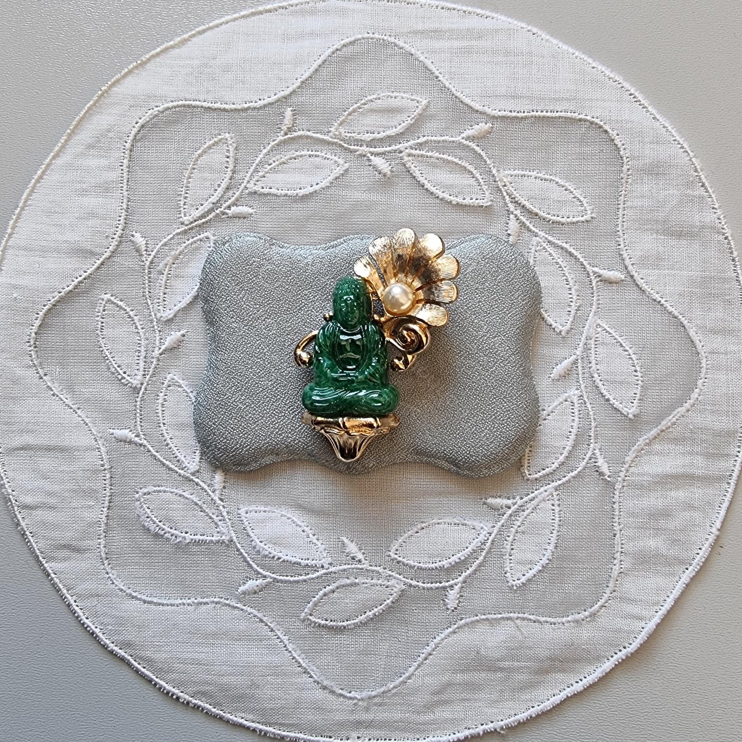 Brooch - Vintage Jade Acrylic Buddha and Pearl Flower Brooch