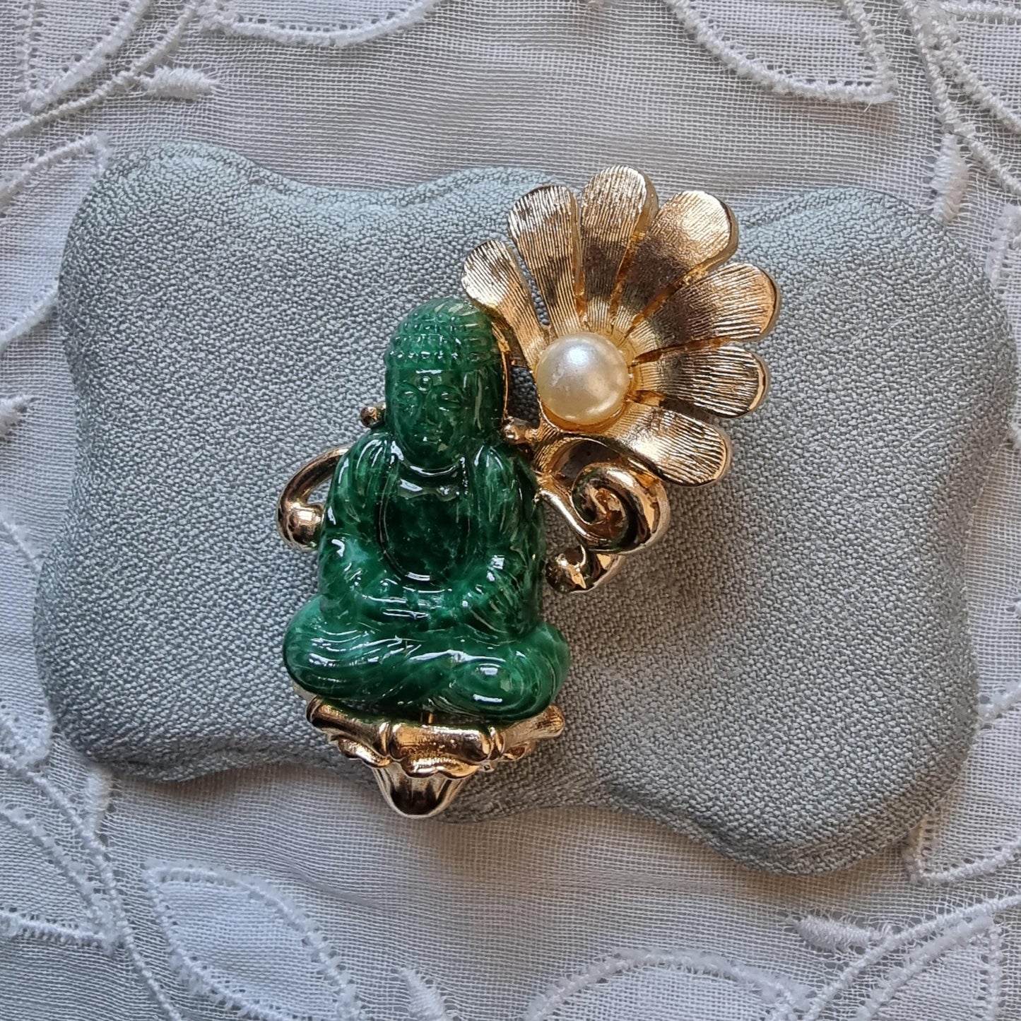 Brooch - Vintage Jade Acrylic Buddha and Pearl Flower Brooch