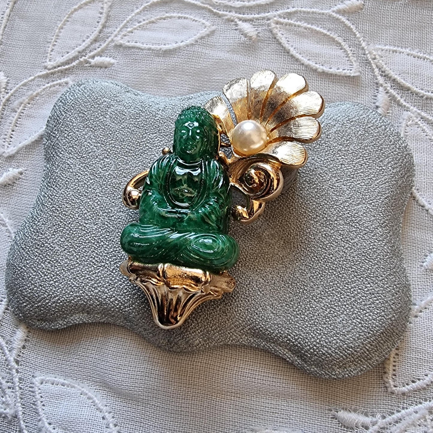Brooch - Vintage Jade Acrylic Buddha and Pearl Flower Brooch