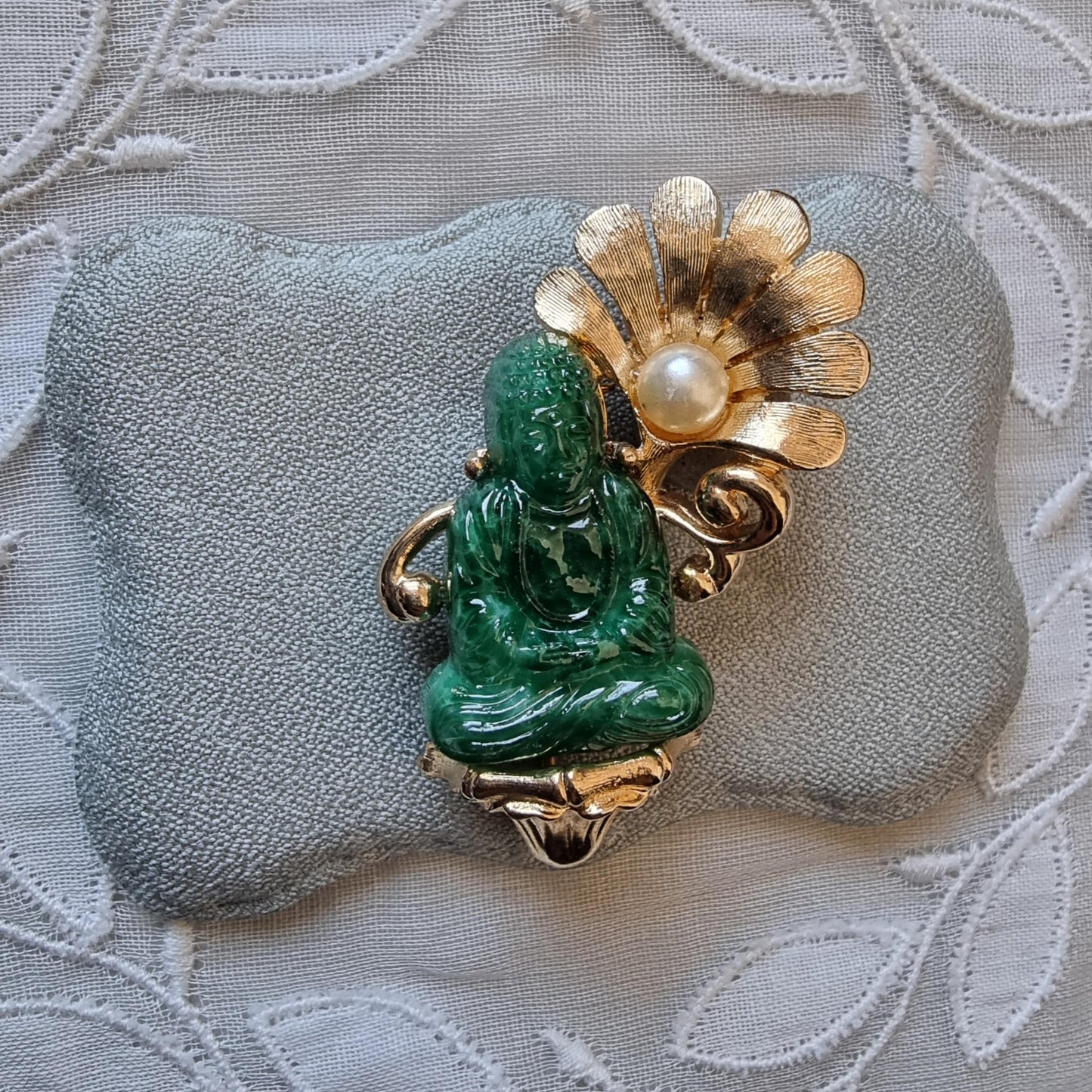 Brooch - Vintage Jade Acrylic Buddha and Pearl Flower Brooch