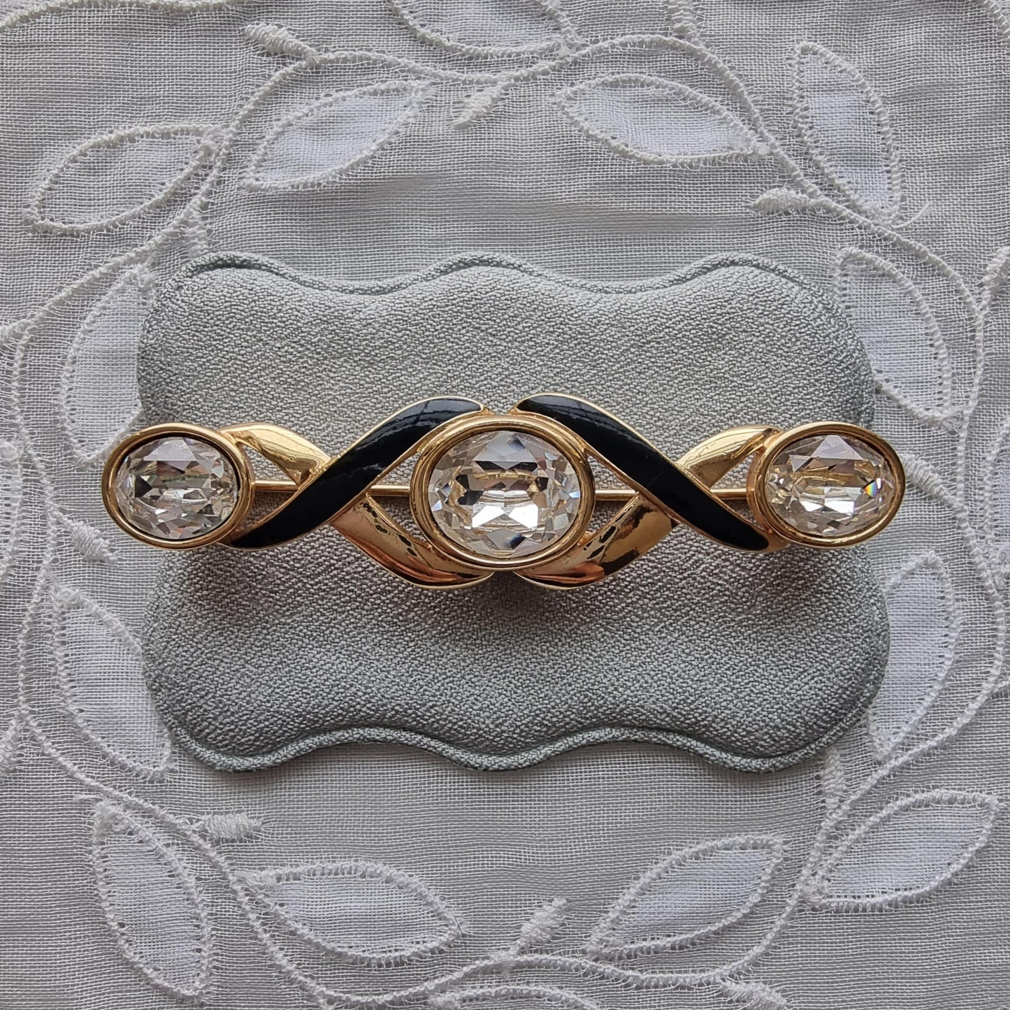 Brooch - Swarovski S.A.L. Black Enamel and Crystals Ribbon Bar Brooch