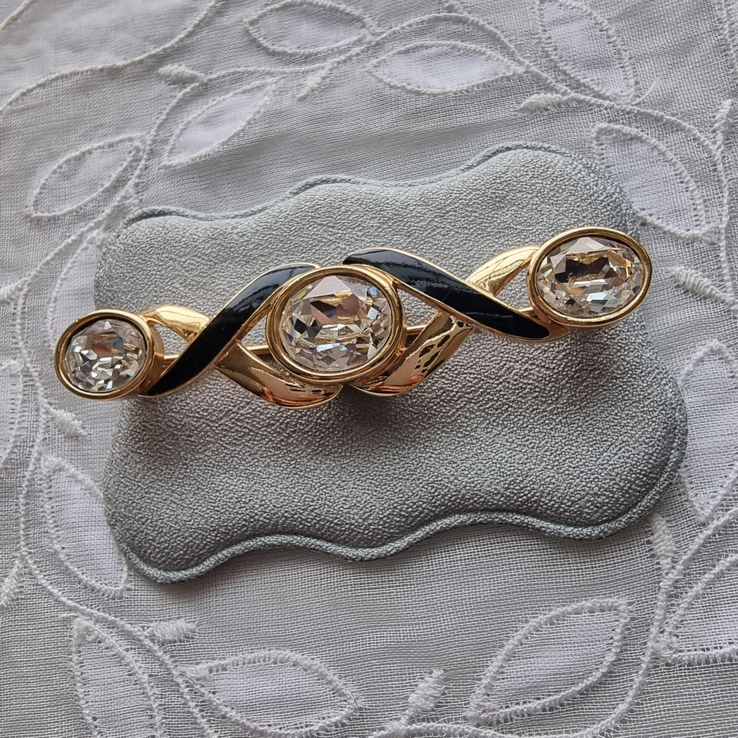 Brooch - Swarovski S.A.L. Black Enamel and Crystals Ribbon Bar Brooch