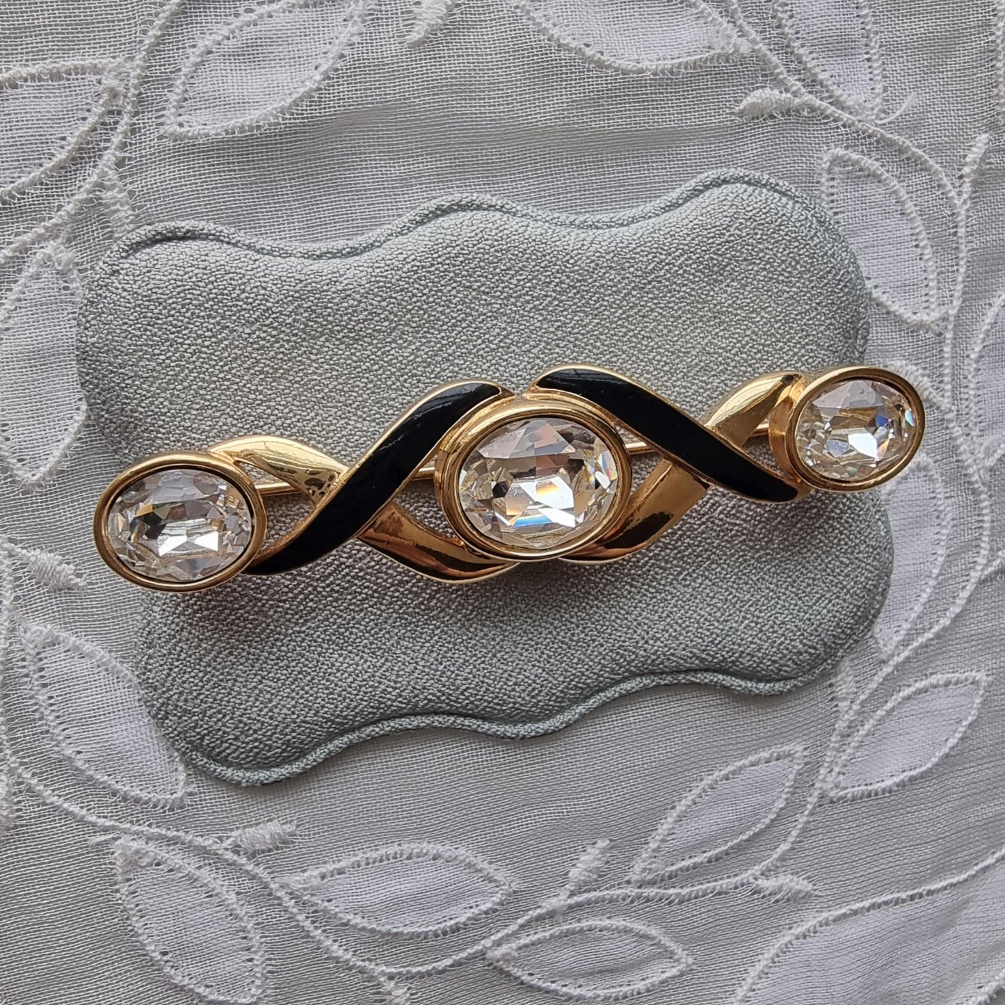 Brooch - Swarovski S.A.L. Black Enamel and Crystals Ribbon Bar Brooch