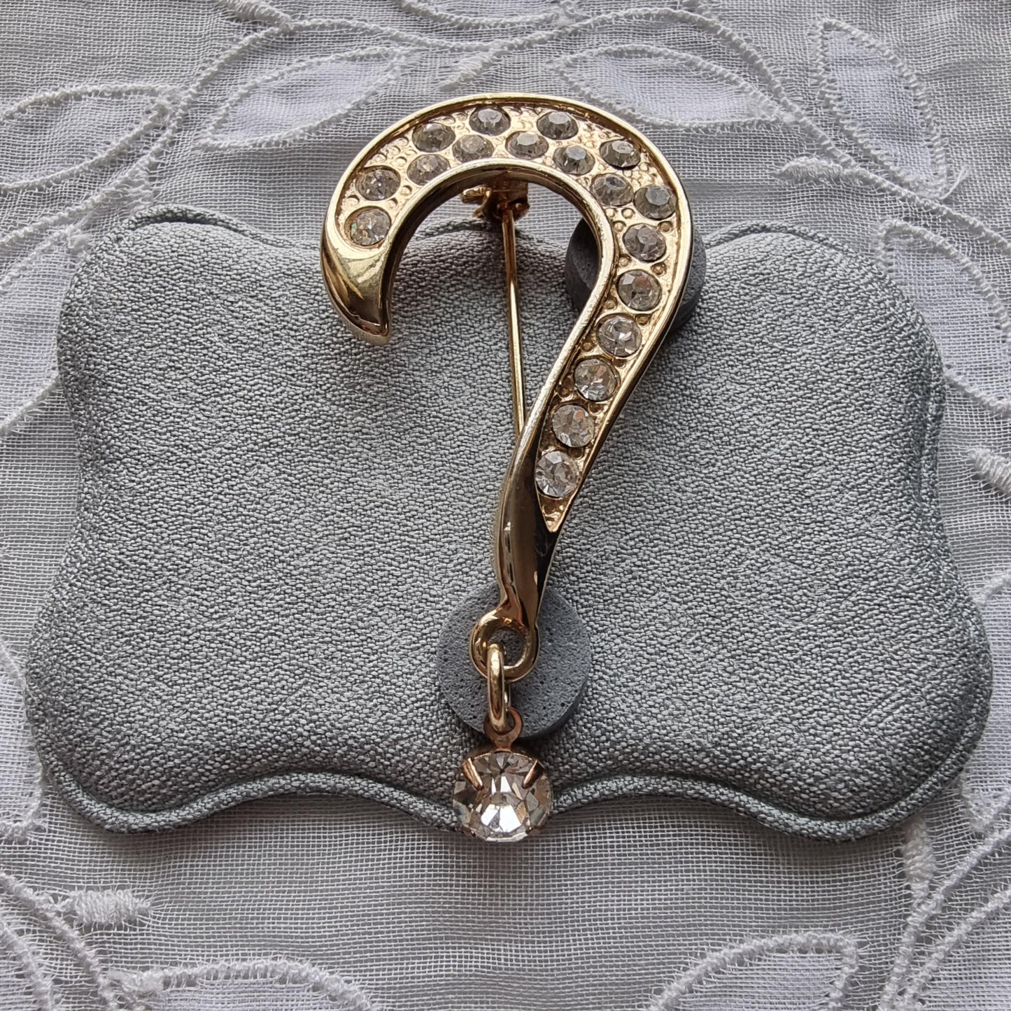 Brooch - Gold and Clear Crystals Drop Question Mark Brooch
