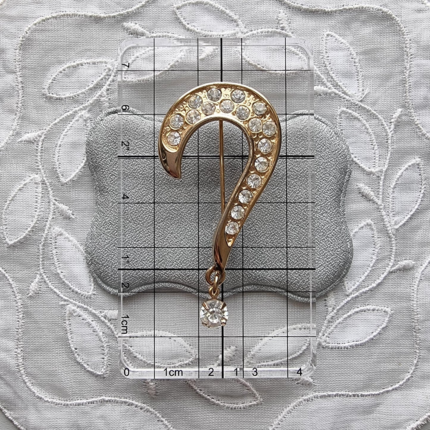 Brooch - Gold and Clear Crystals Drop Question Mark Brooch