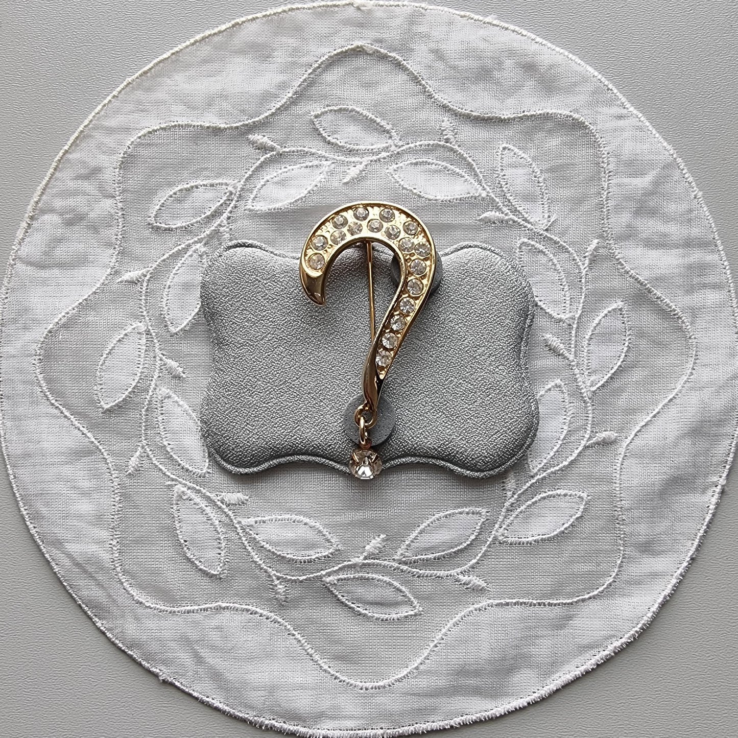 Brooch - Gold and Clear Crystals Drop Question Mark Brooch