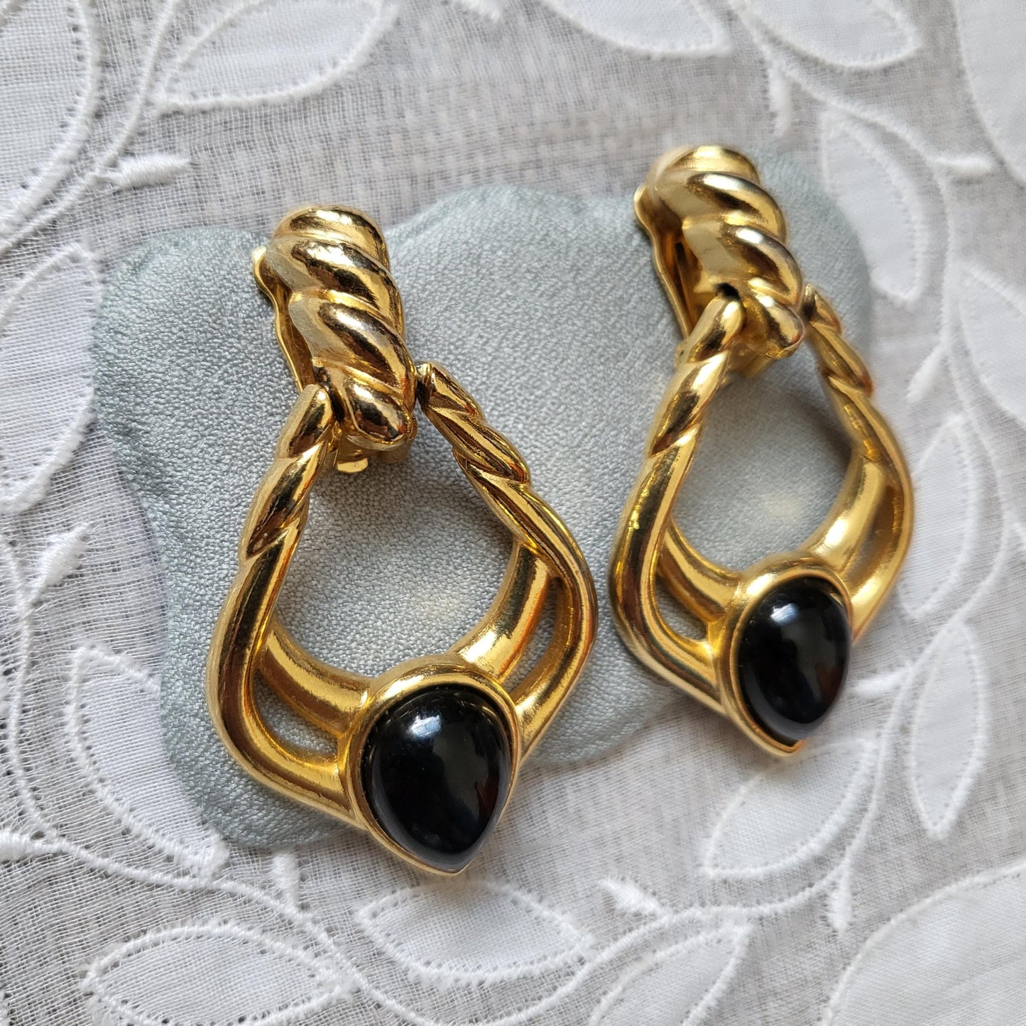 Clip on - Black Cabochon Gold Door Knocker Clip on Earrings