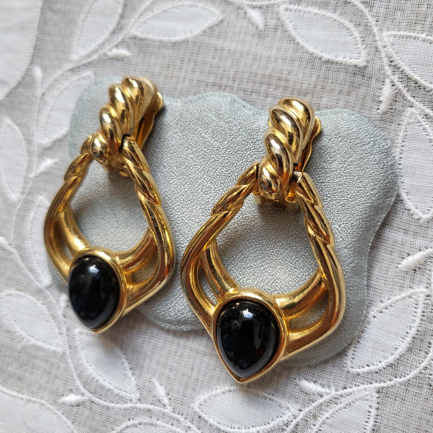 Clip on - Black Cabochon Gold Door Knocker Clip on Earrings