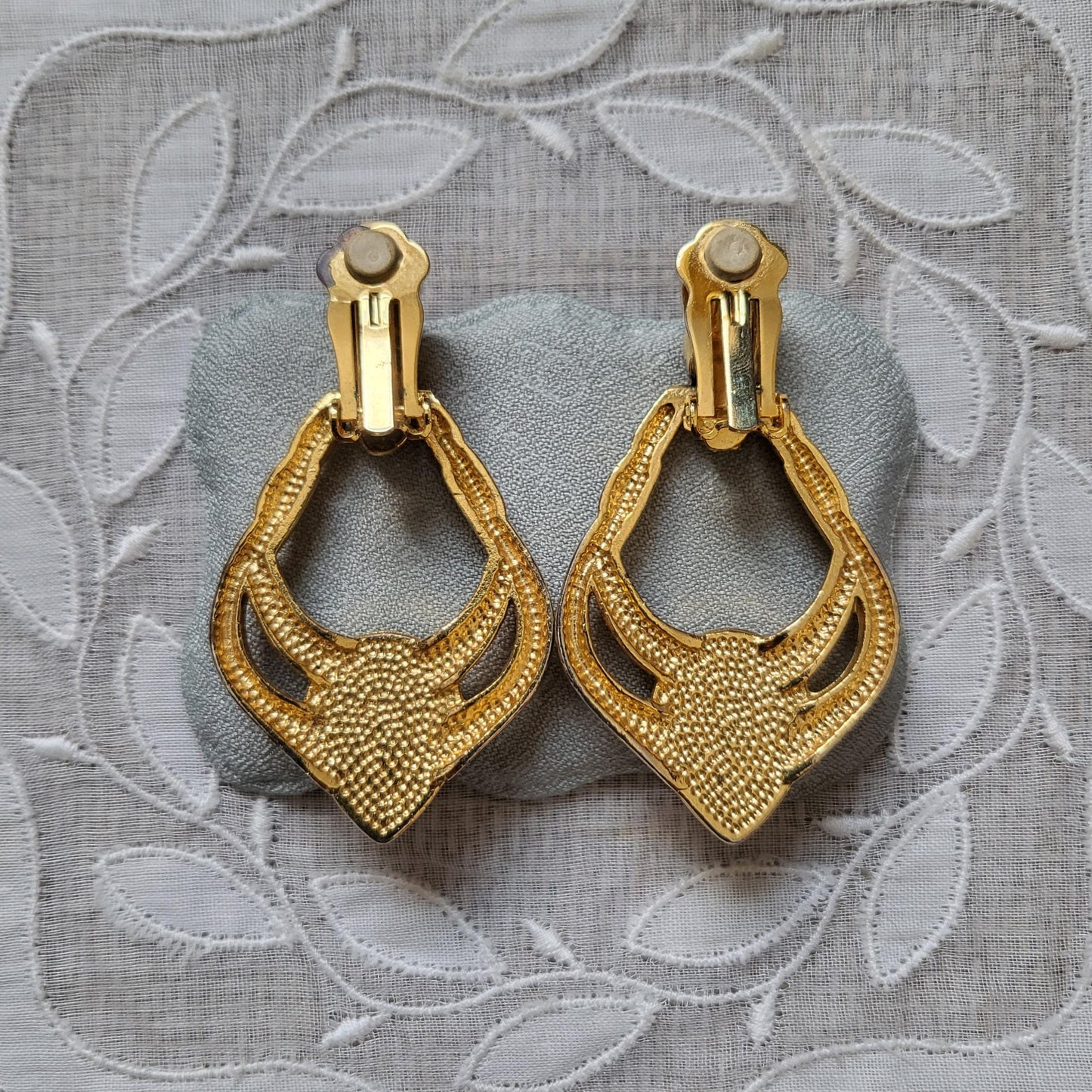 Clip on - Black Cabochon Gold Door Knocker Clip on Earrings