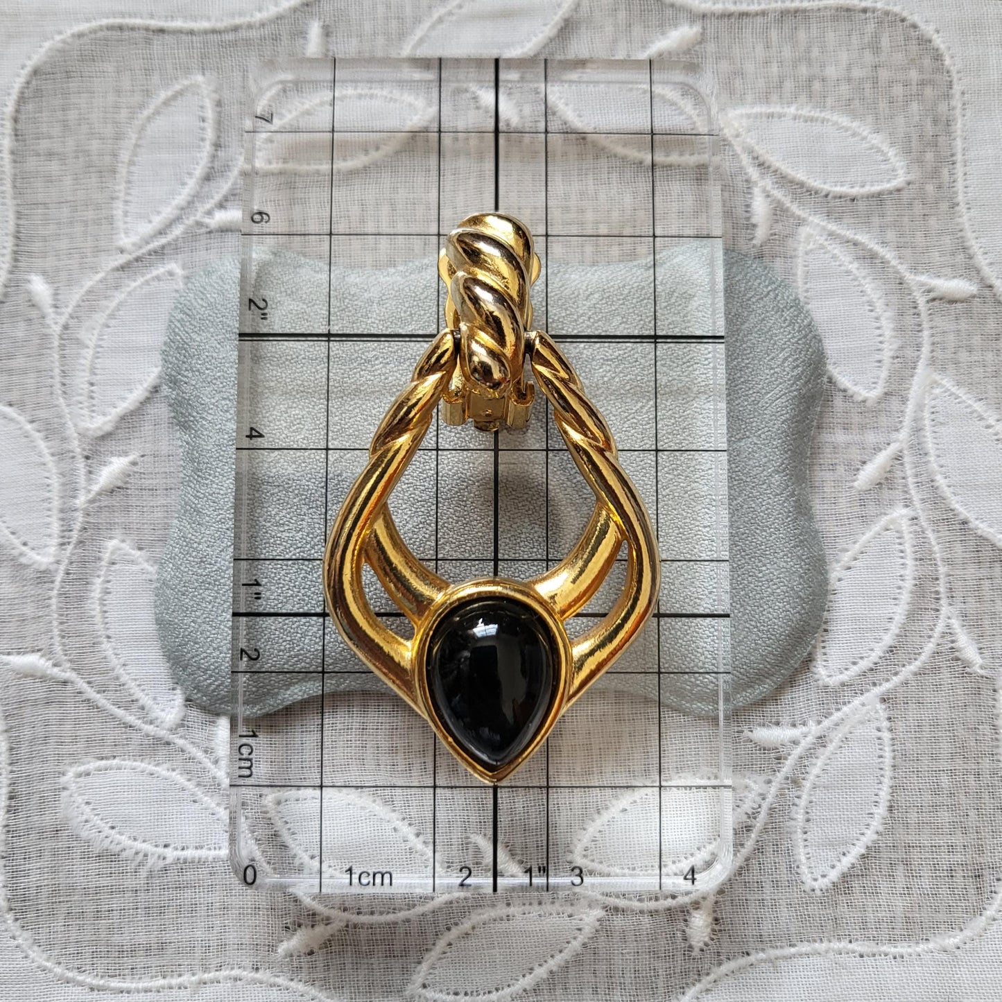 Clip on - Black Cabochon Gold Door Knocker Clip on Earrings
