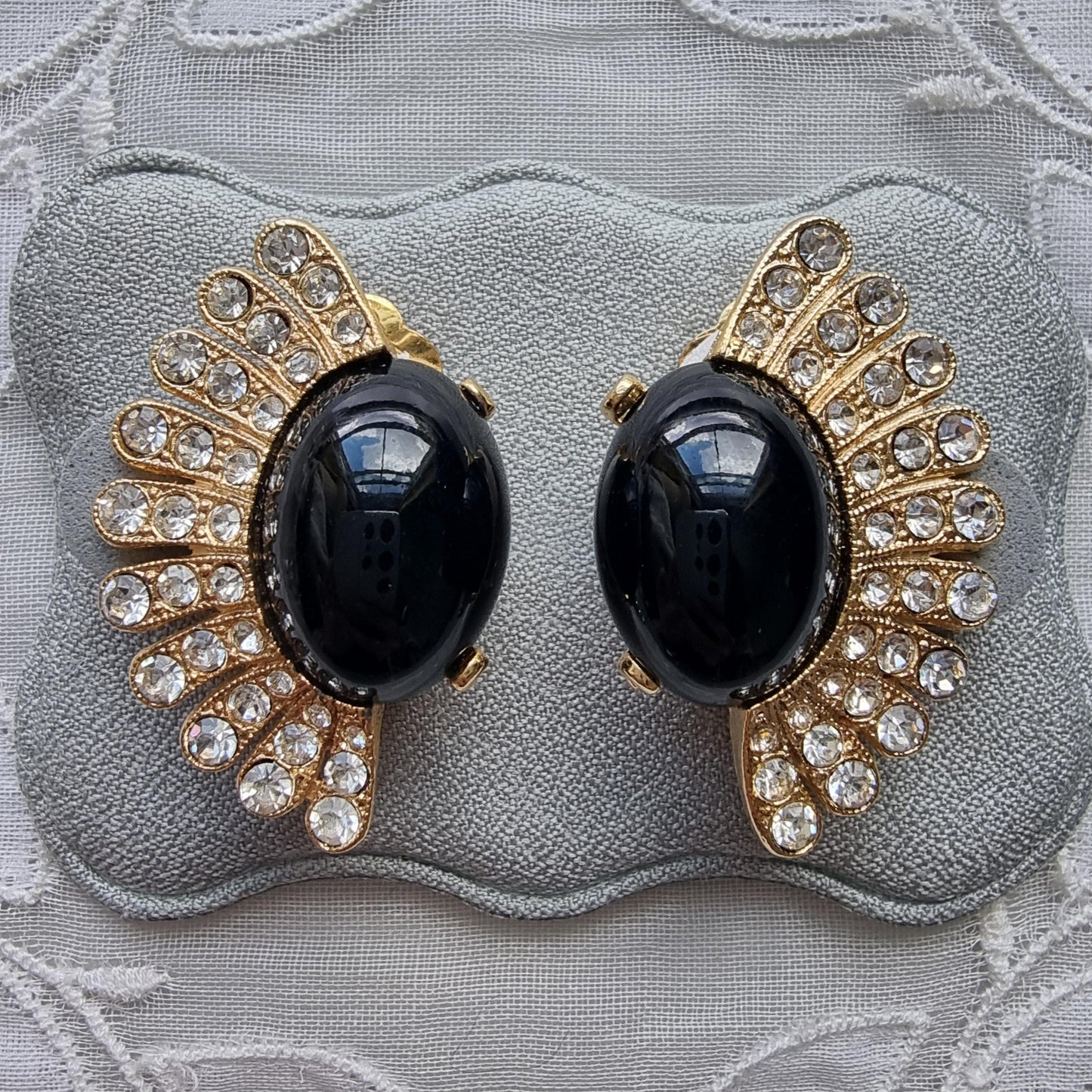 Clip on - Black Cabochon and Clear Crystals Clip On Earrings
