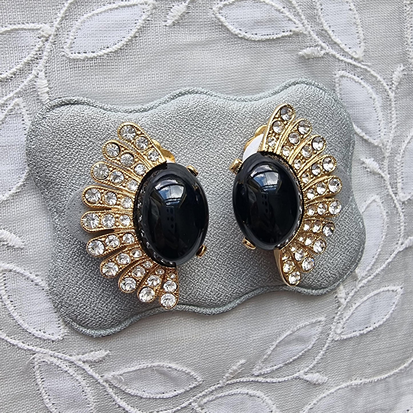Clip on - Black Cabochon and Clear Crystals Clip On Earrings