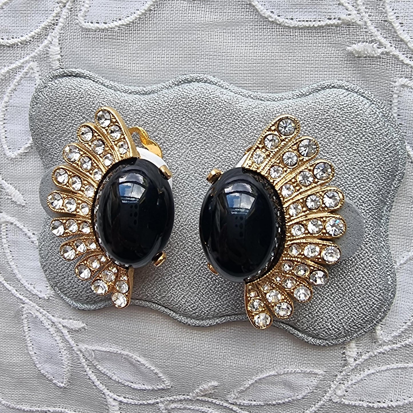 Clip on - Black Cabochon and Clear Crystals Clip On Earrings