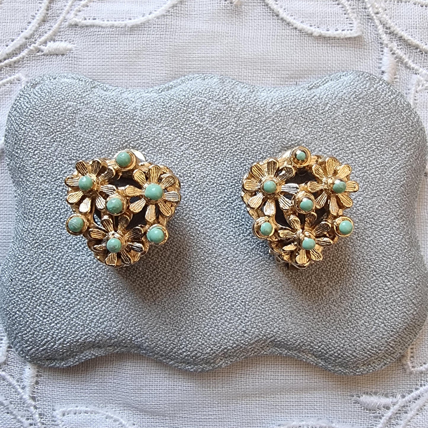 Clip on - Mint Green Enamel Flower Cluster Clip on Earrings