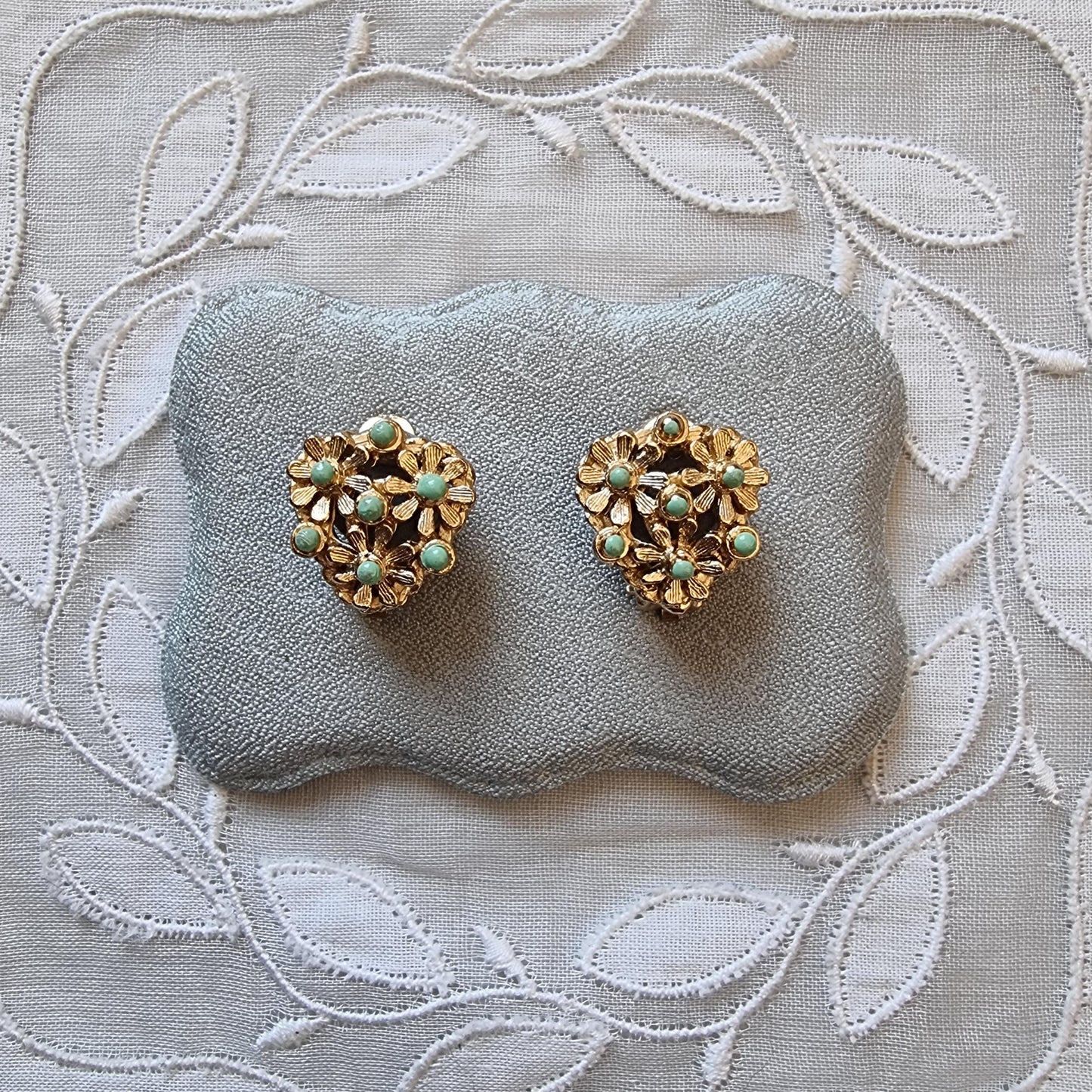 Clip on - Mint Green Enamel Flower Cluster Clip on Earrings