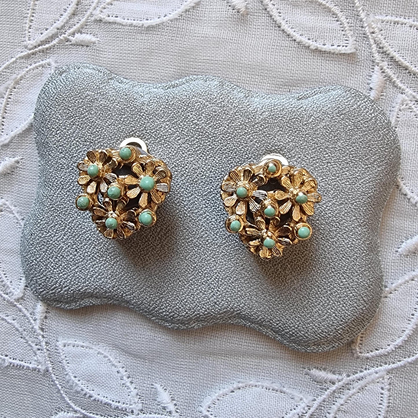 Clip on - Mint Green Enamel Flower Cluster Clip on Earrings