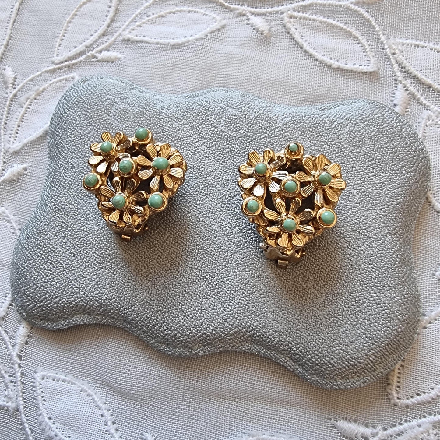 Clip on - Mint Green Enamel Flower Cluster Clip on Earrings