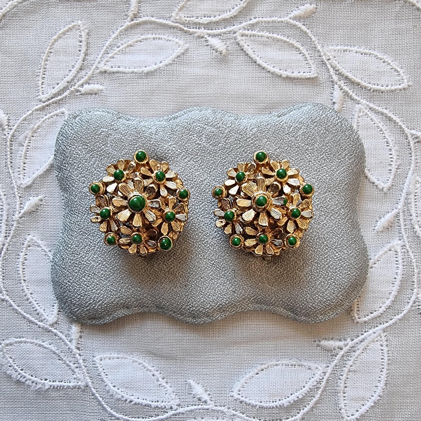 Clip on - Green Enamel Flower Cluster Clip on Earrings