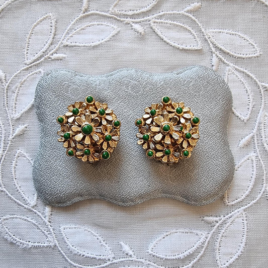 Clip on - Green Enamel Flower Cluster Clip on Earrings