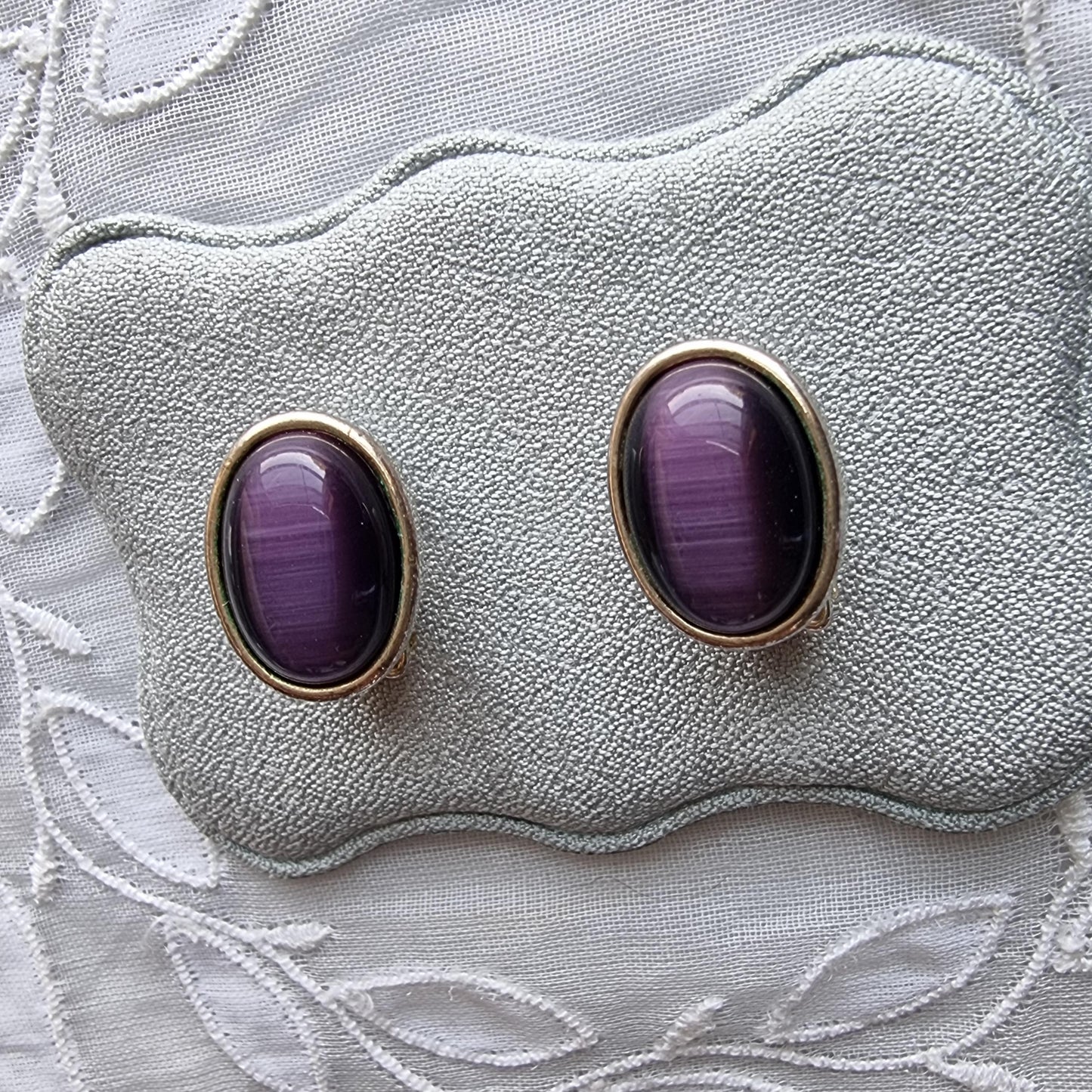 Clip on - Purple Cats Eye Cabochon Clip on Earrings