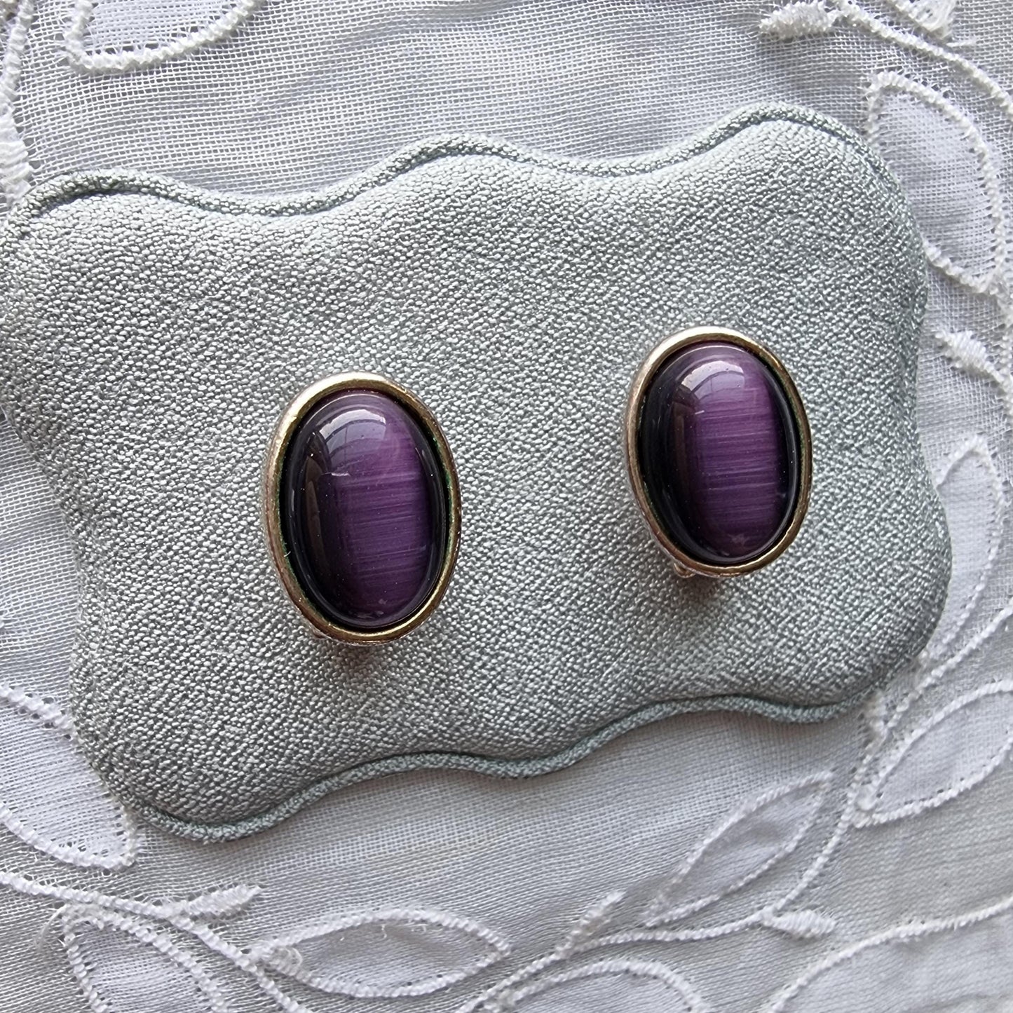 Clip on - Purple Cats Eye Cabochon Clip on Earrings