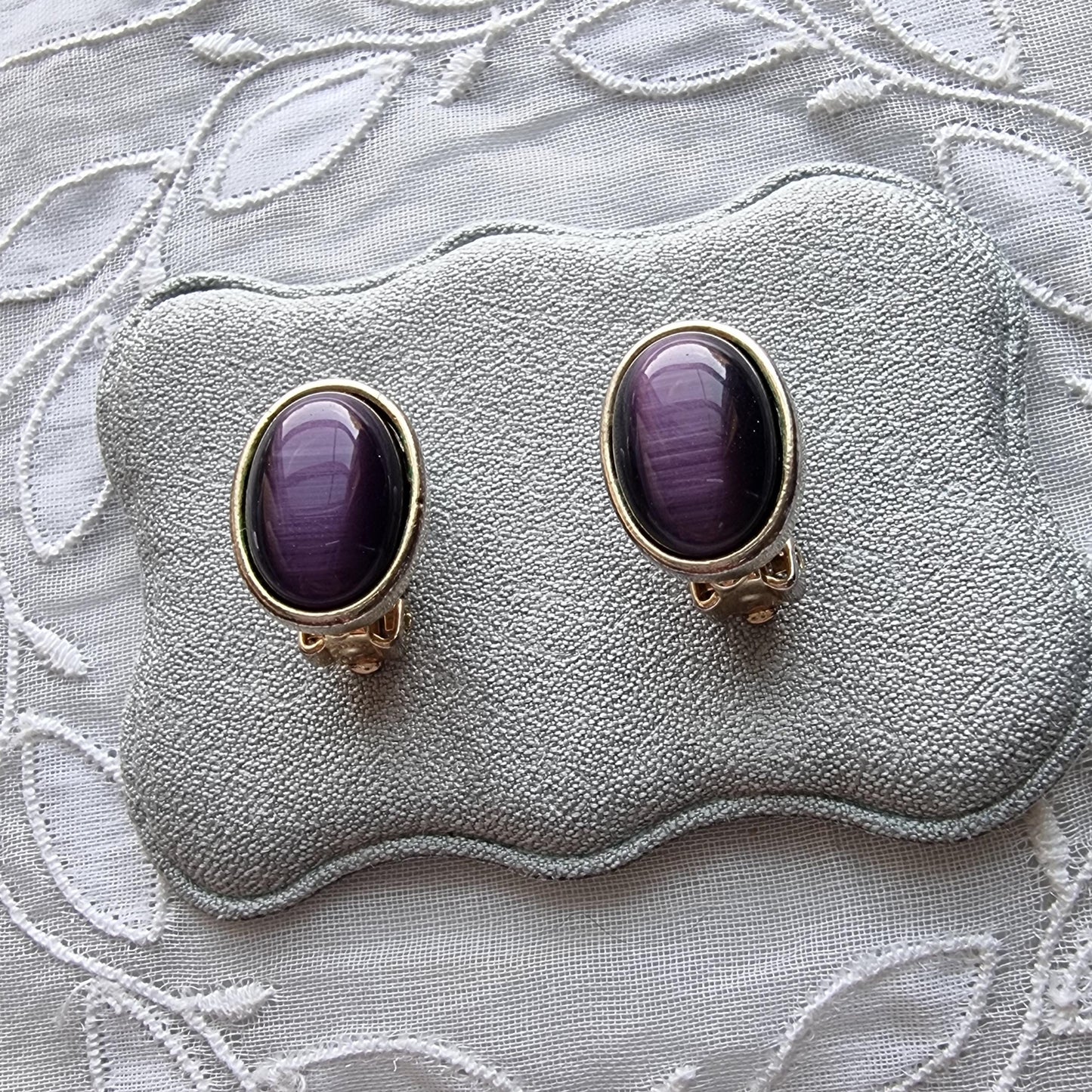 Clip on - Purple Cats Eye Cabochon Clip on Earrings