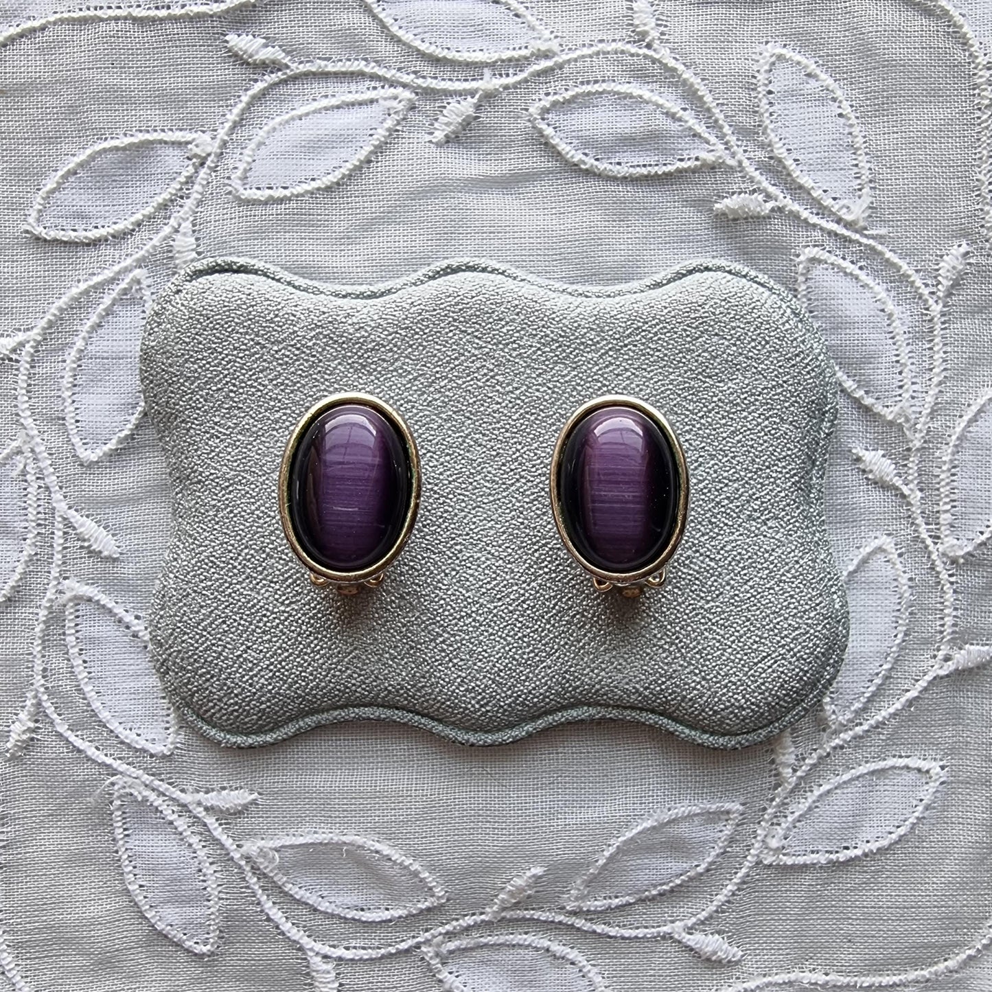 Clip on - Purple Cats Eye Cabochon Clip on Earrings