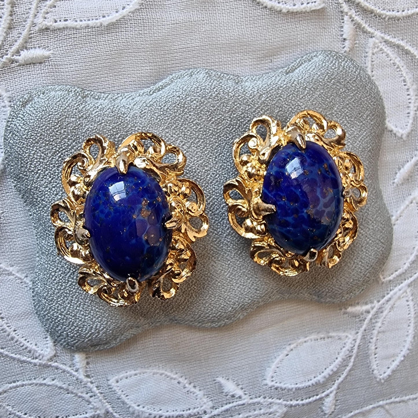 Clip on - Gold Swirls Lapis Lazuli Glass Cabochon Clip on Earrings