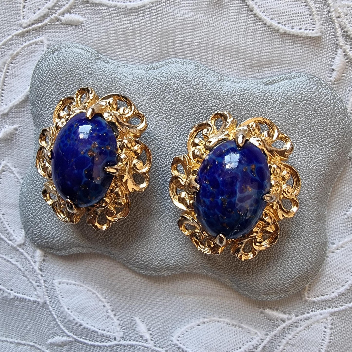 Clip on - Gold Swirls Lapis Lazuli Glass Cabochon Clip on Earrings