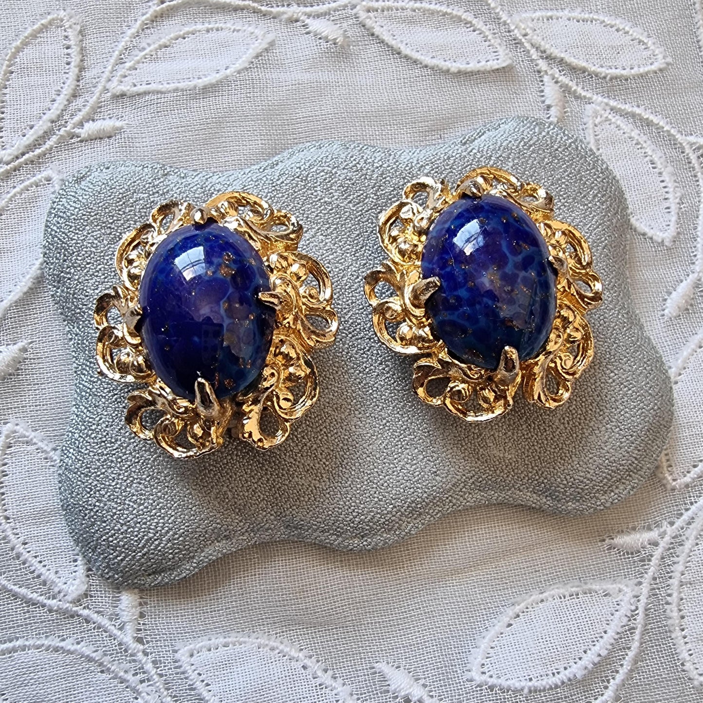 Clip on - Gold Swirls Lapis Lazuli Glass Cabochon Clip on Earrings