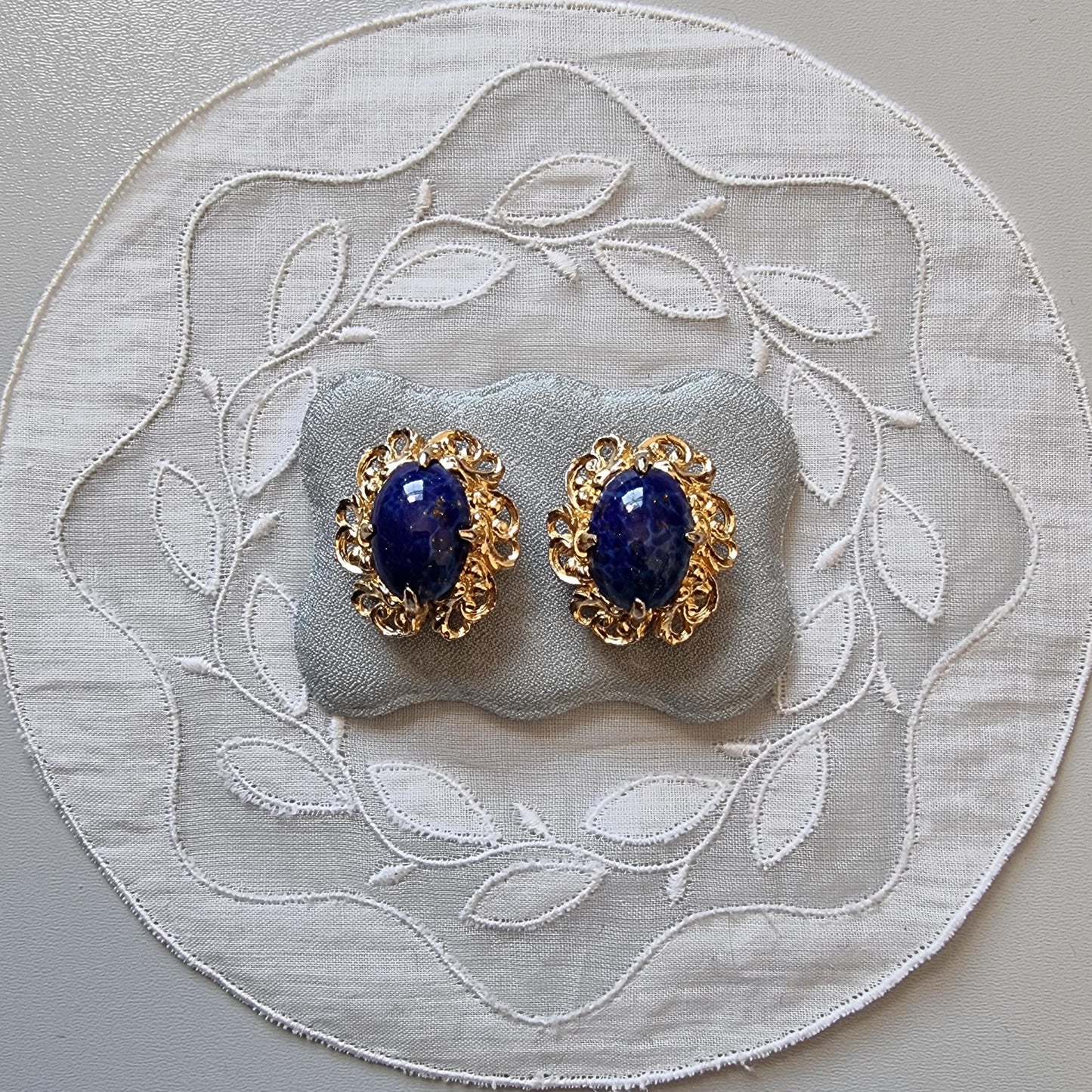 Clip on - Gold Swirls Lapis Lazuli Glass Cabochon Clip on Earrings