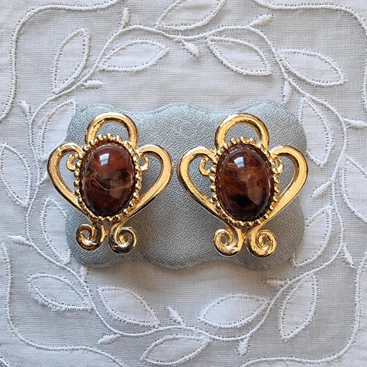 Clip on - Gold Wirework Brown Marbled Glass Cabochon Clip On Earrings