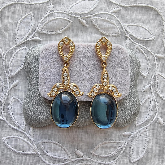 Posts - Gold Clear Crystals and Blue Cabochon Drop Earrings