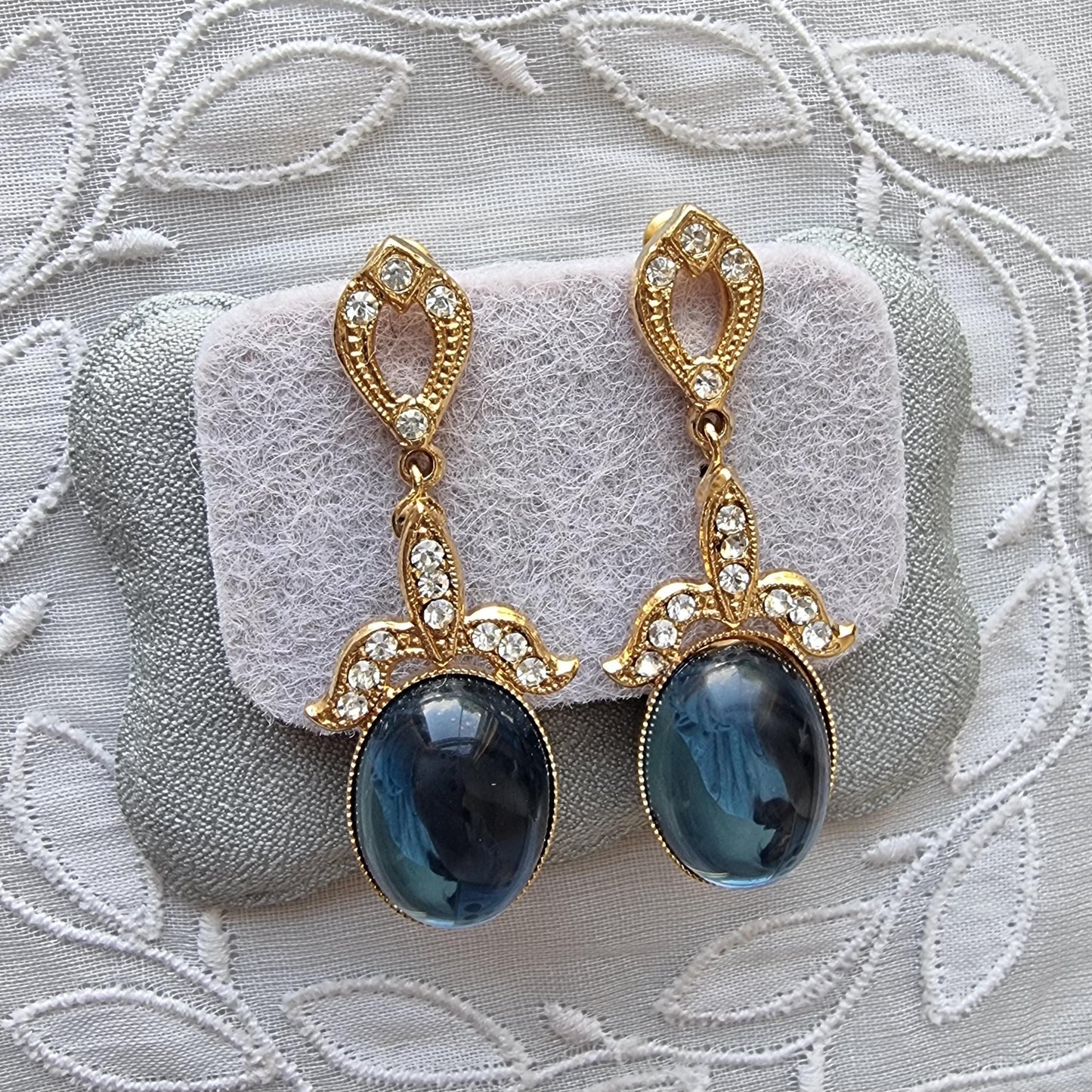 Posts - Gold Clear Crystals and Blue Cabochon Drop Earrings