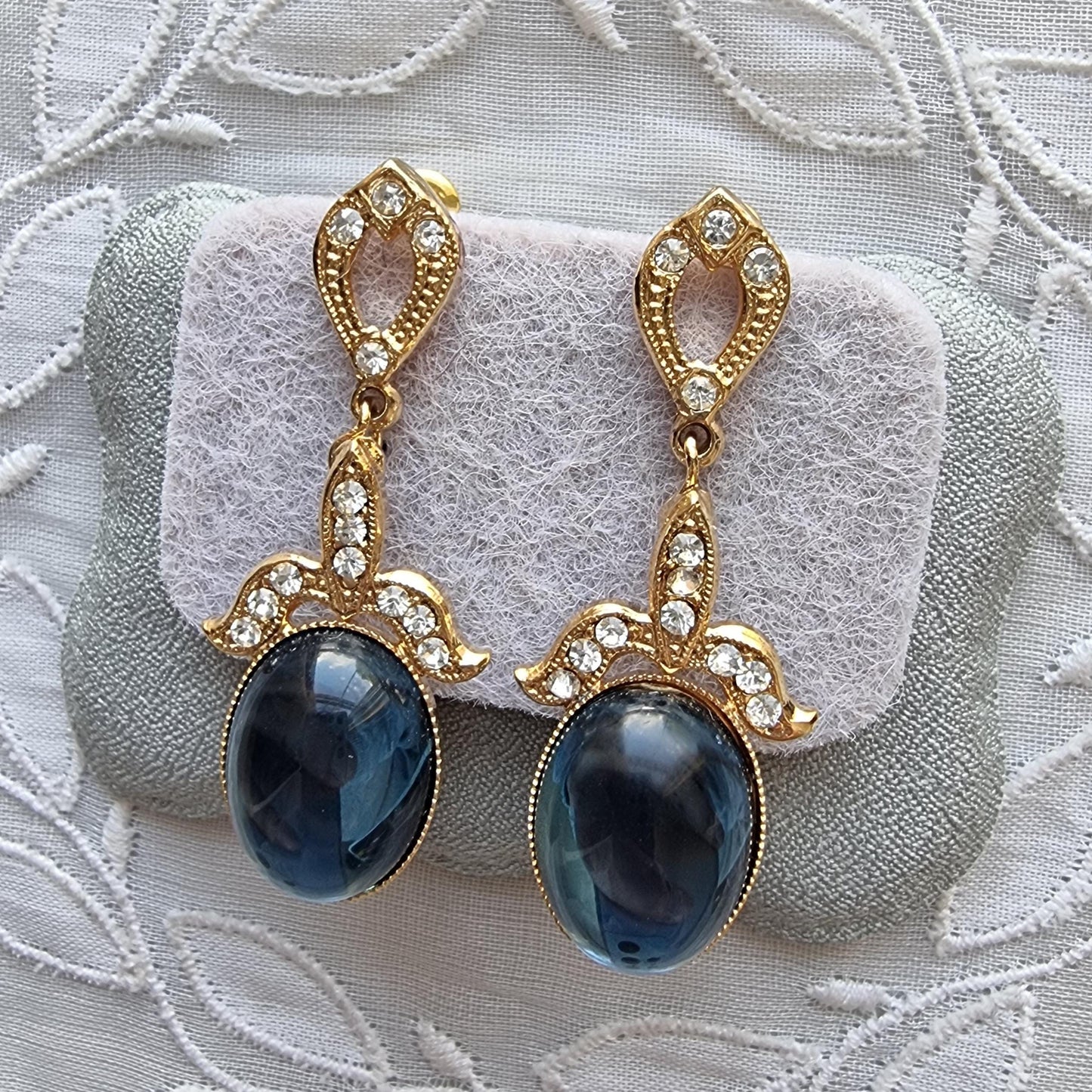 Posts - Gold Clear Crystals and Blue Cabochon Drop Earrings