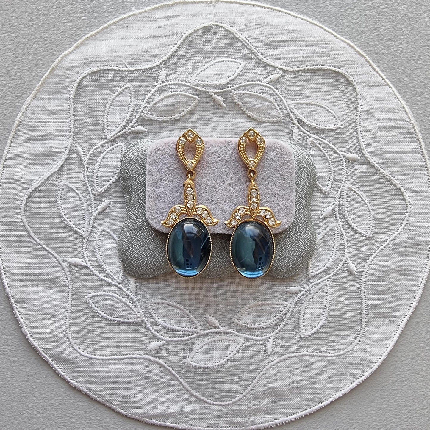 Posts - Gold Clear Crystals and Blue Cabochon Drop Earrings