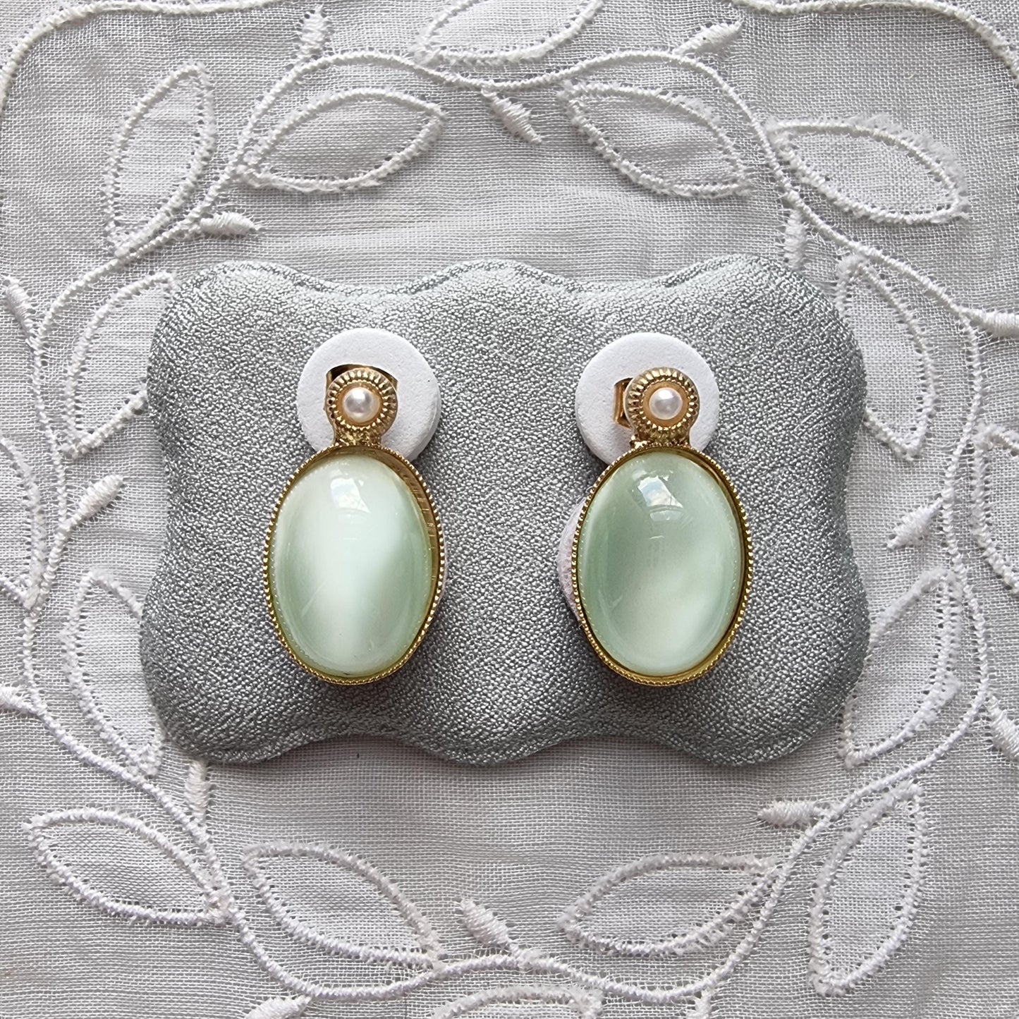 Posts - Faux Pearl and Green Cabochon Stud Earrings