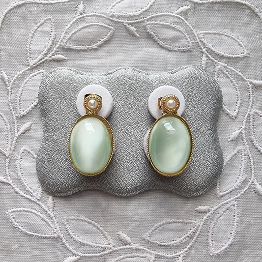 Posts - Faux Pearl and Green Cabochon Stud Earrings